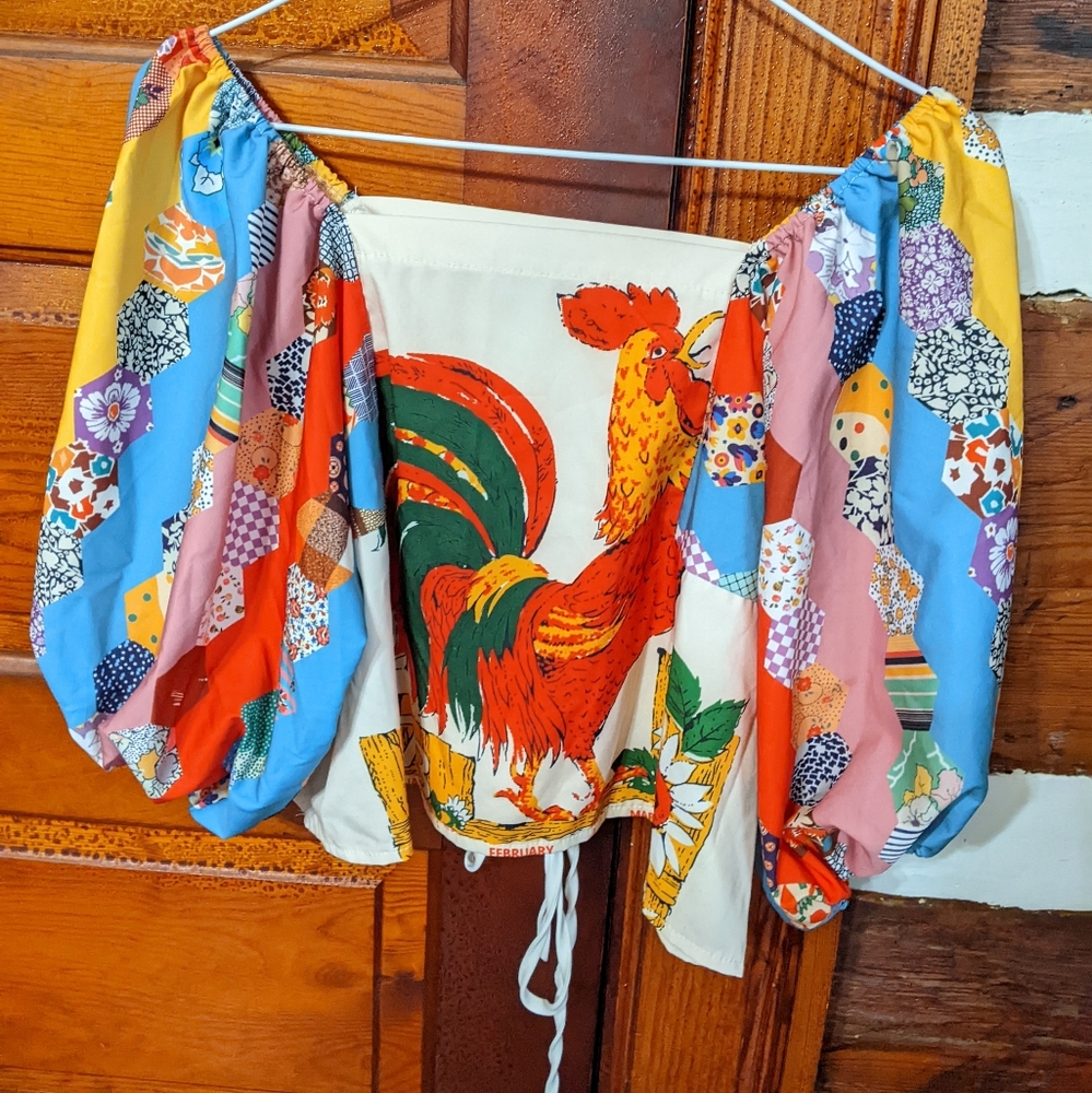 Chicken Patchwork Puff Sleeves Crop Top